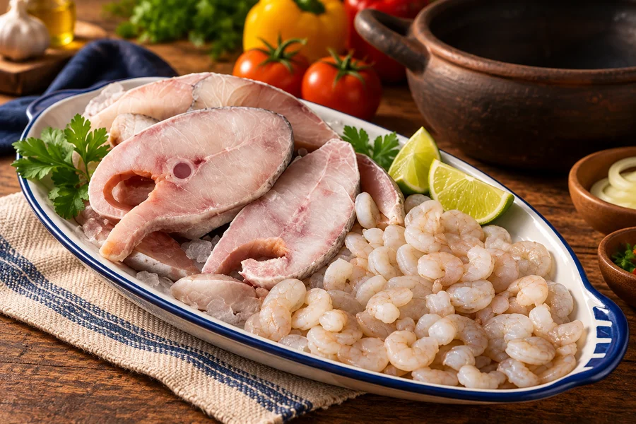 Pescada amarela + camarão — composição de estúdio ilustrativa