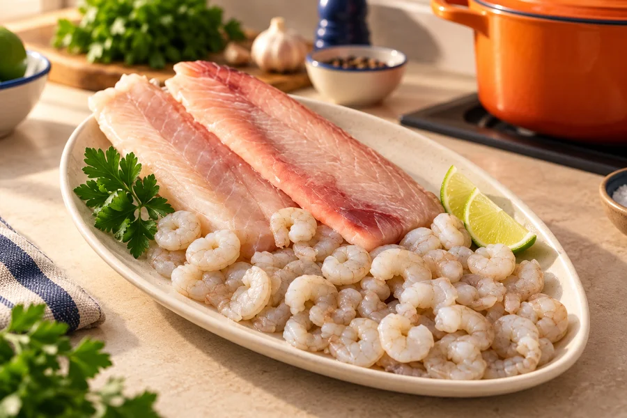 Filé de pescada + camarão — composição de estúdio ilustrativa