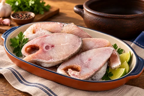Pescada amarela em postas — imagem ambientada a partir da foto do produto