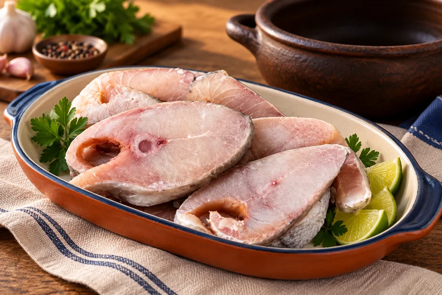 Pescada amarela em postas — composição de estúdio ilustrativa